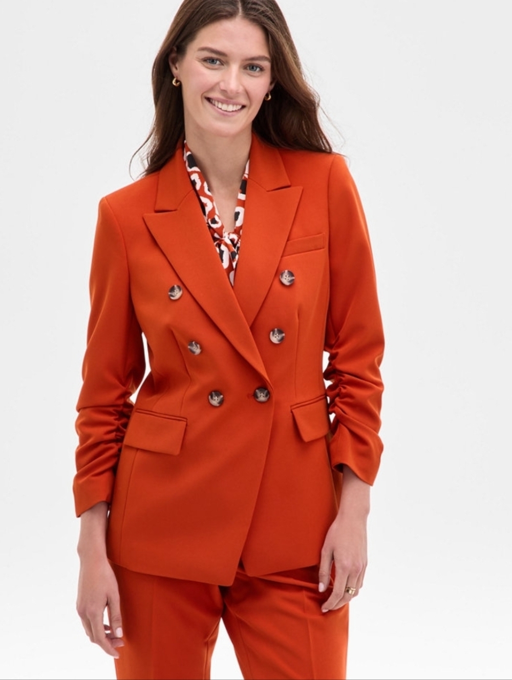 Tahari ASL Vibrant Orange Women's Double-Breasted Ruched-Sleeve Jacket Blazer